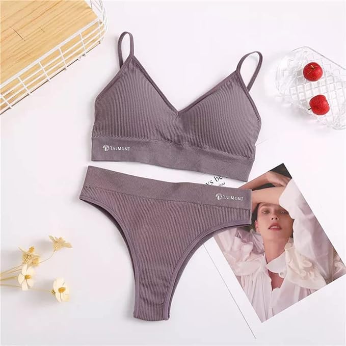 Talmont Seamless Ribbed Bra & Panty Set – Soft, Stretchy Lounge Lingerie with Removable Pads